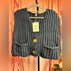 Stylish Navy Knit Cardigan with Gold Accents